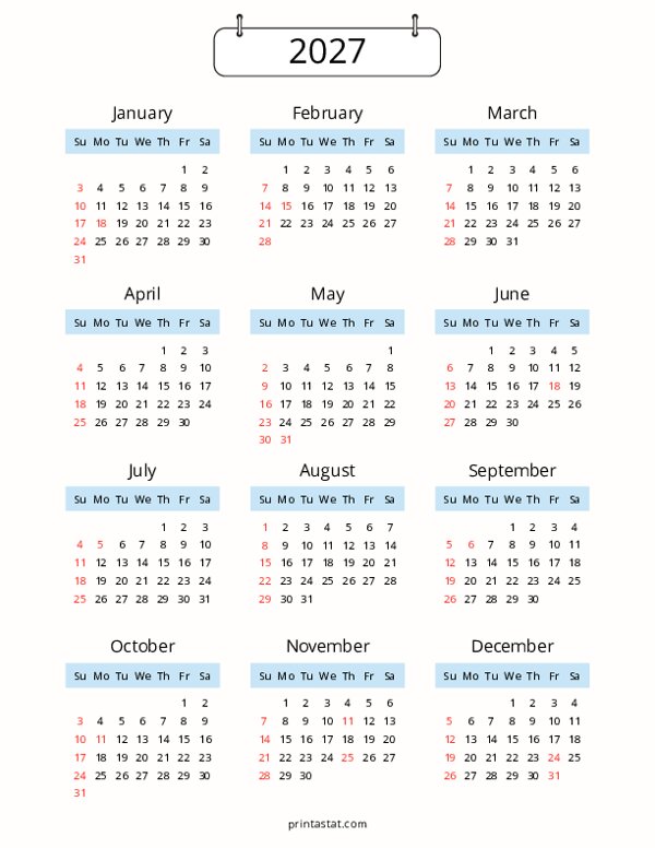 Blue 2027 Yearly Calendar