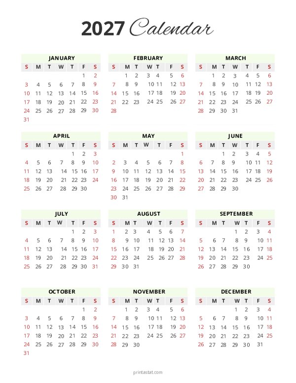 Green 2027 Yearly Calendar