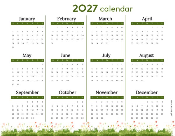 Greenery 2027 Yearly Calendar
