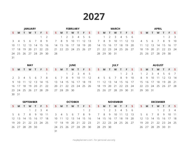 Minimalist 2027 Yearly Calendar Landscape