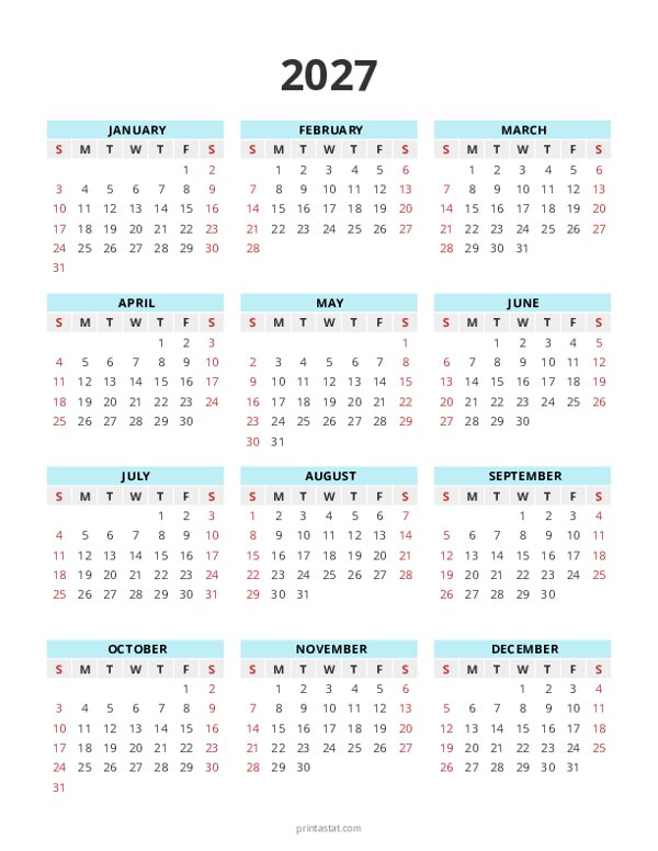 Minimalist 2027 Yearly Calendar