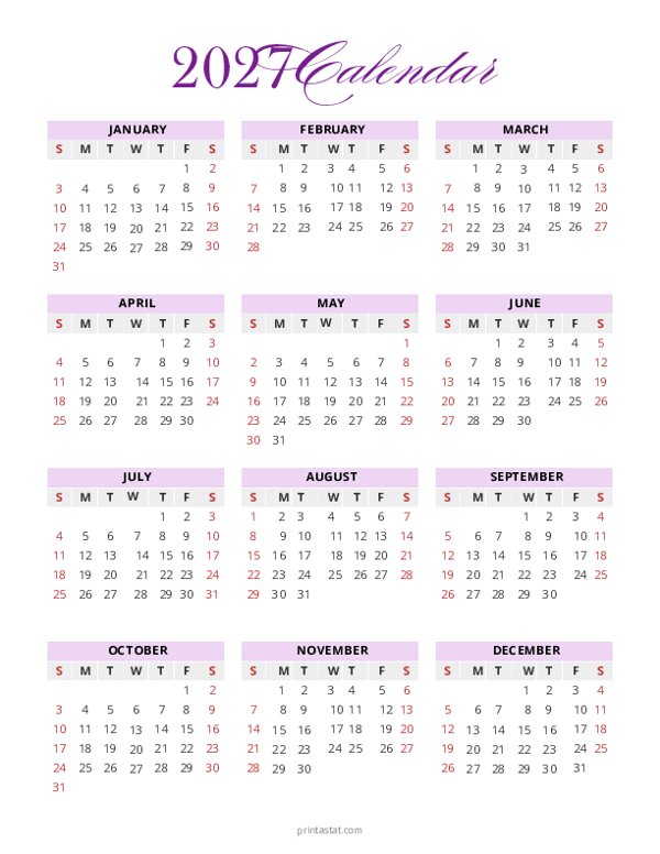 Purple 2027 Yearly Calendar