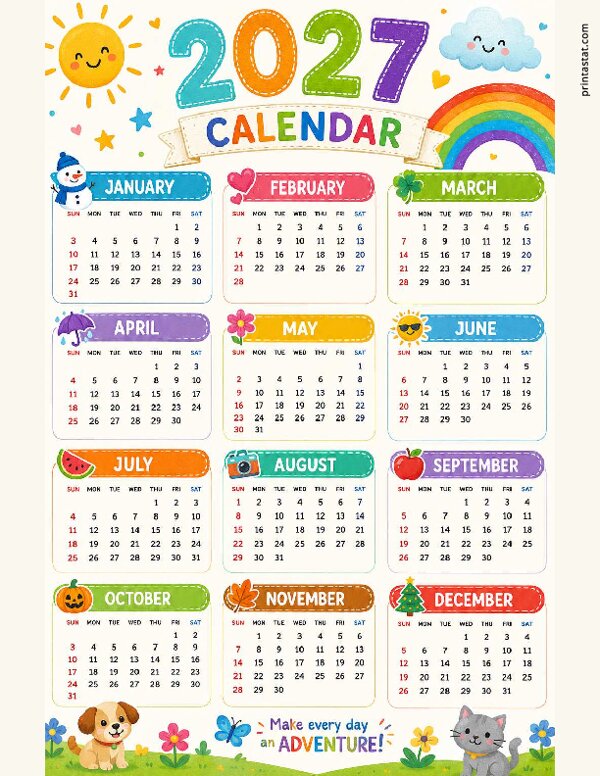 Rainbow 2027 Yearly Calendar