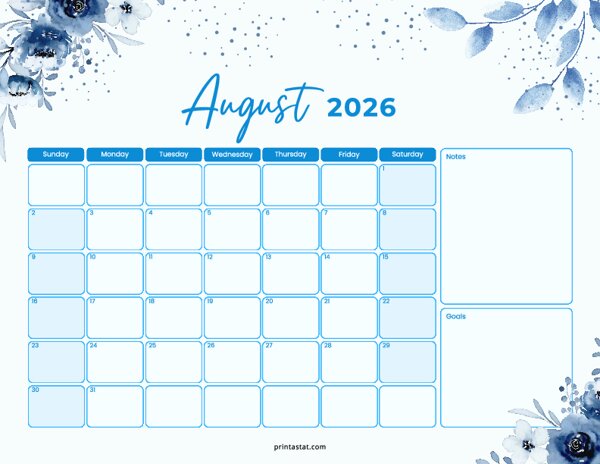 August 2026 Calendar - Blue Floral