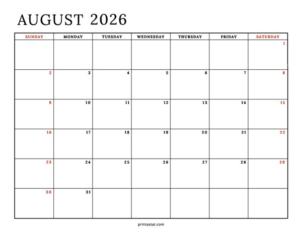 August 2026 Calendar - Minimalist